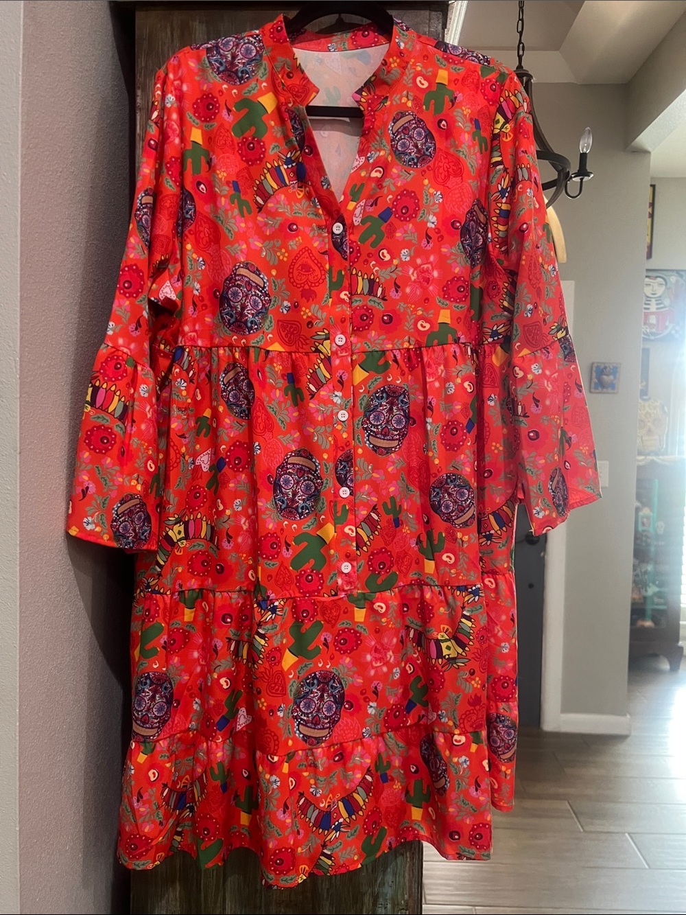 Red Printed Button-Front Tiered Long-Sleeve Dress. Day of the dead calaveras.
